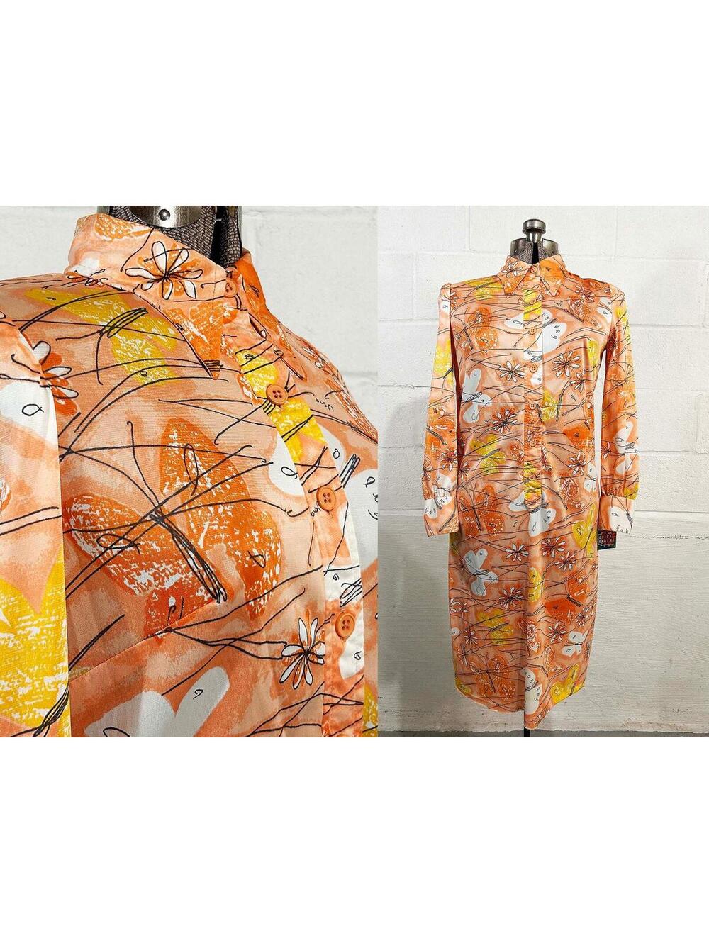 Vintage Vera Neumann Dress Orange Butterfly Peach Floral Wedding 1970s Large